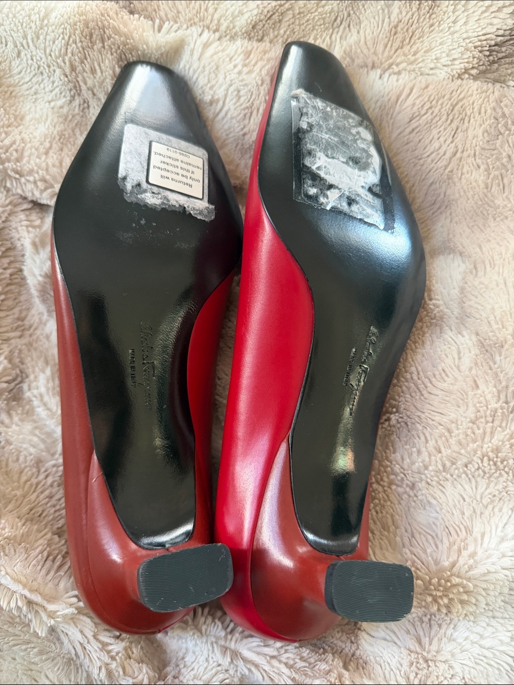 Vintage Salvatore Ferragamo Red and Brown Leather Square-Toe Flats with Buckle - Picture 2 of 6